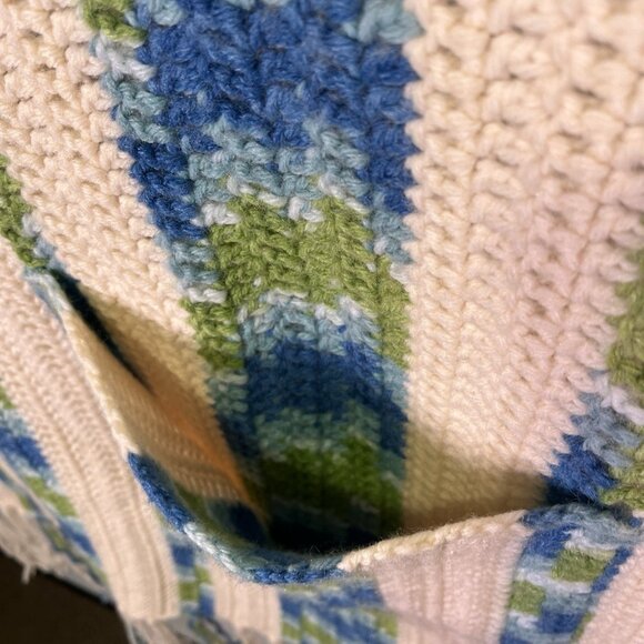 Vintage Crochet Afghan Blanket Striped Blue Green Cream Fringe Pockets Retro MCM - Picture 4 of 5